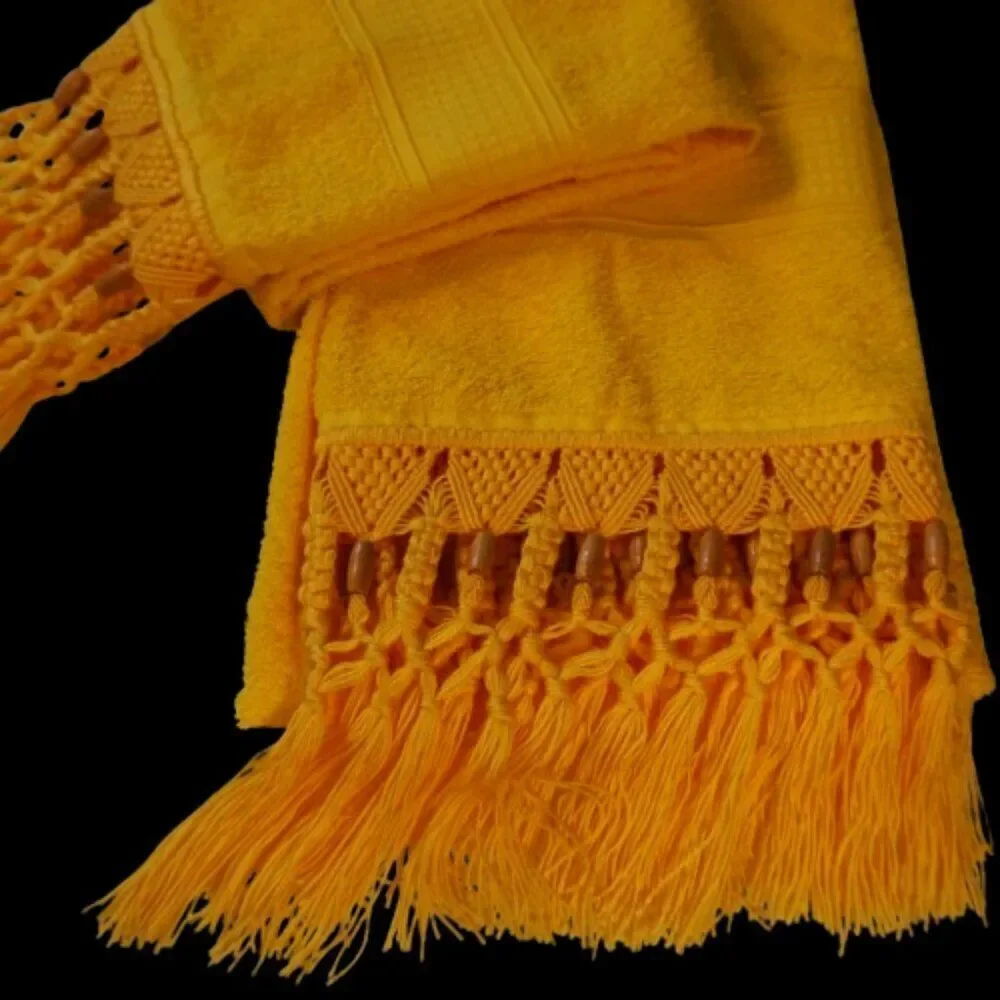 Karisma Bath Towel And Hand Towel Set Yellow Macrame Fringed Tassel Beads
